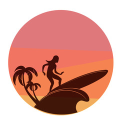 silhouette of surfing young woman with colorful sunset on background