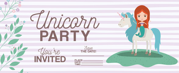 mermaid with unicorn invitation card vector illustration design