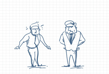 Scared Business Man Talking With Angry Boss Doodle Vector Illustration