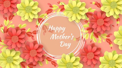 Fototapeta na wymiar Abstract Festive Background with Flowers and Frame. Happy Mother's Day, Women's Day, March 8. Paper cut Floral Greeting Card Vector illustration