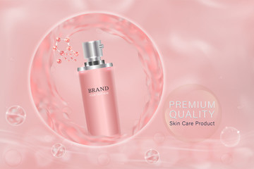 Pink cosmetic container with advertising background ready to use, liquid splash skin care ad, vector illustration.