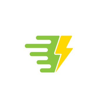Green energy icon or logo design with thunder symbol isolated on white. Symbol of renewable energy and ec friendly business.