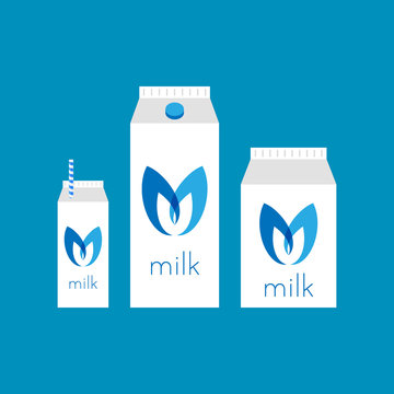 Milk illustration set in different size modern premium packages and flat design. Small an big containter of milk with custom logo and white-blue straw.