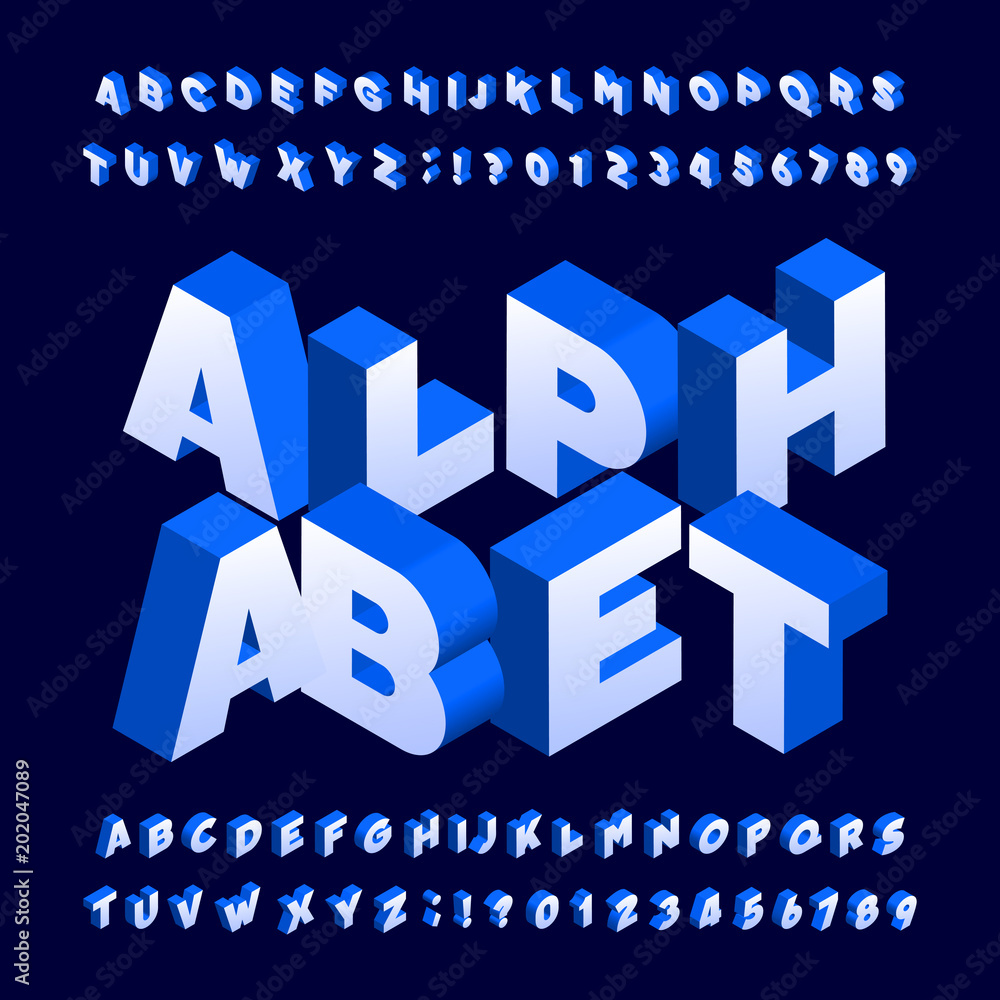 Fototapete isometric alphabet font. three-dimensional effect bold letters and numbers. stock vector typeface fo