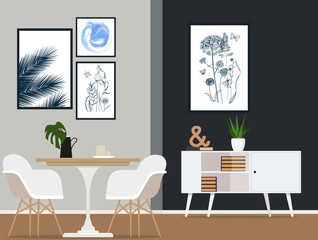 Interior design of a modern dining room with fashionable furniture. Vector flat illustration.