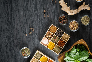 Selection of spices, herbs and greens. Grey stone background., copy space.