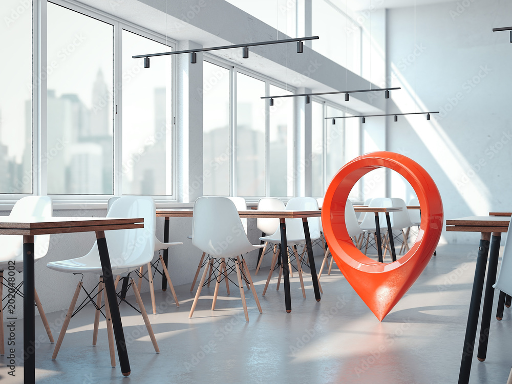 Poster modern office cafe with white chairs and red geotag or map pin. 3d rendering