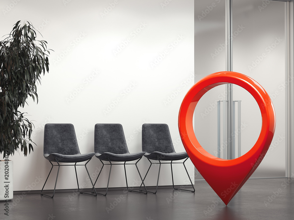 Poster bright office reception and red geotag or map pin. 3d rendering