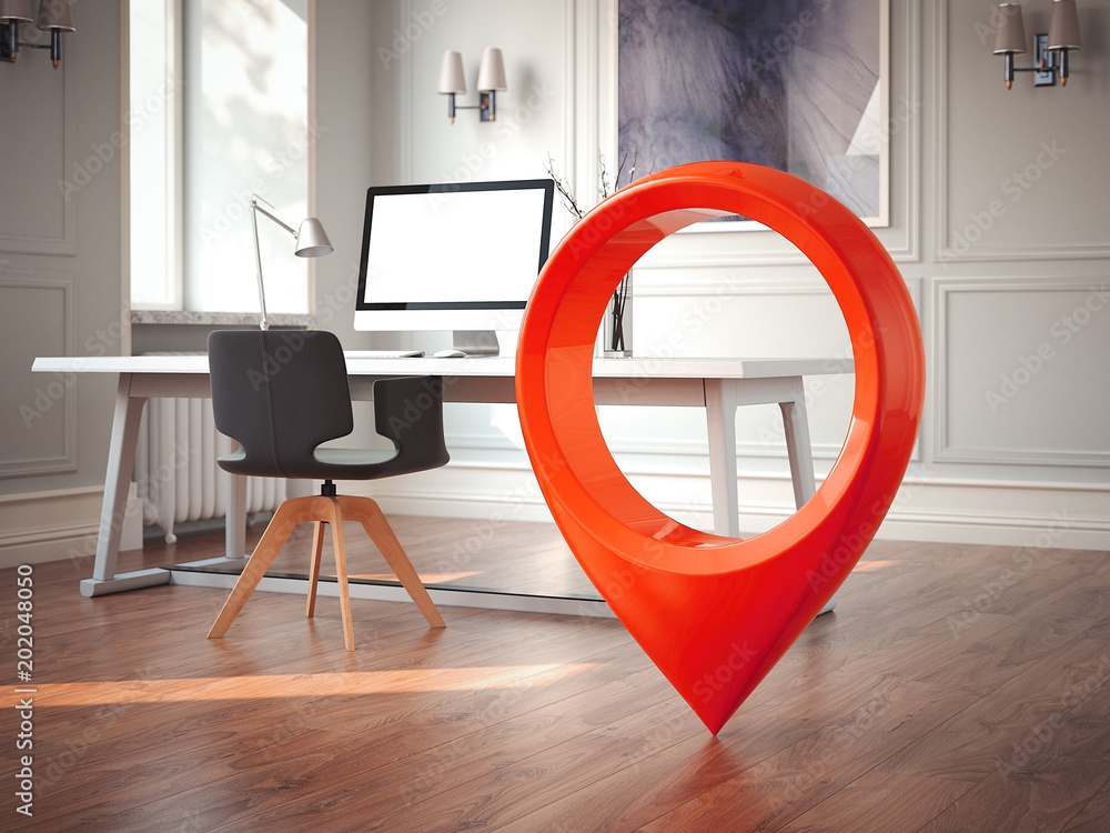 Poster workspace with blank monitor on a table and red geotag or map pin. 3d rendering