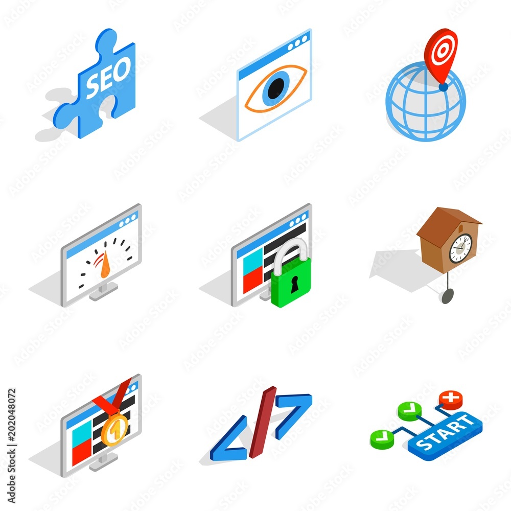 Poster server installation icons set. isometric set of 9 server installation vector icons for web isolated 
