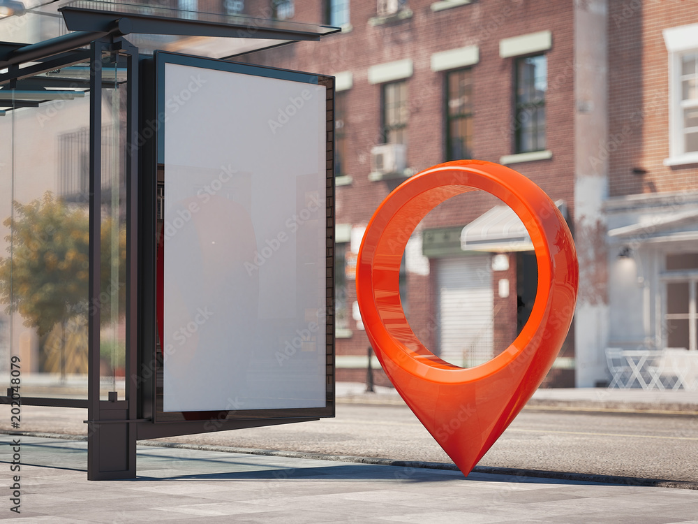 Poster bus station with blank banner and red geotag or map pin. 3d rendering