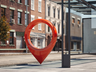 Bus station with blank banner and red geotag or map pin. 3d rendering