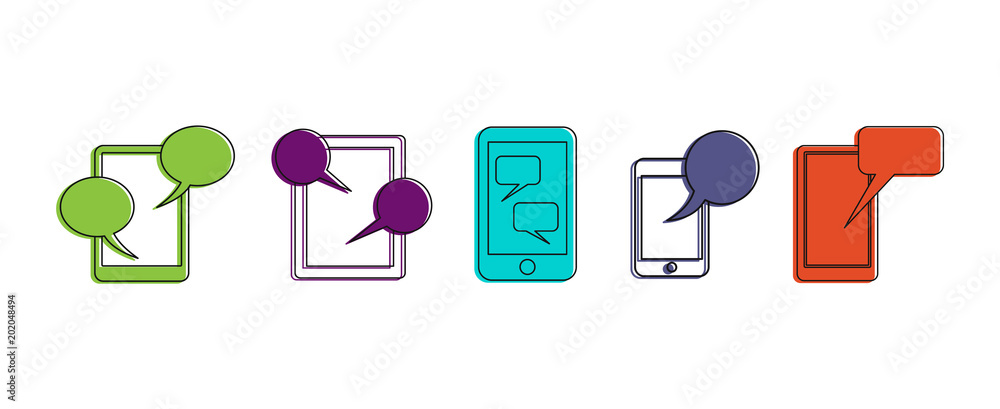 Poster smartphone chat icon set. color outline set of smartphone chat vector icons for web design isolated 