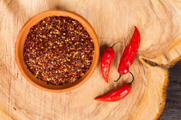 red pepper or cayenne pepper crushed with flakes scattered 
