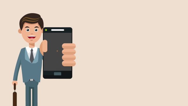 Businessman with taxi app from smartphone High definition coloful animation scenes