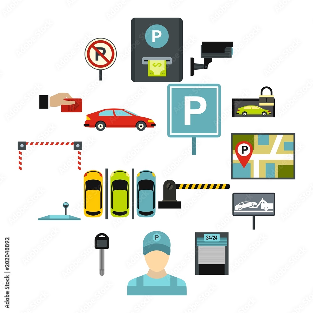 Poster flat car parking icons set. universal car parking icons to use for web and mobile ui, set of basic c