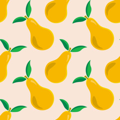 Colorful seamless pattern with yellow pear with leaves. Cute fruit background. Vector illustration.