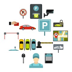 Flat car parking icons set. Universal car parking icons to use for web and mobile UI, set of basic car parking elements isolated vector illustration