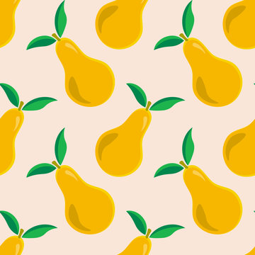 Colorful seamless pattern with yellow pear with leaves. Cute fruit background. Vector illustration.