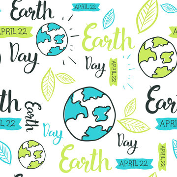 Happy Earth Day Seamless Pattern With Hand