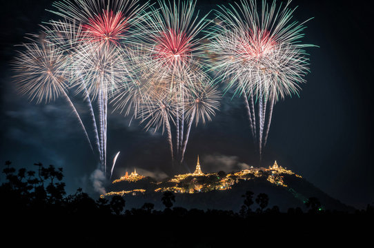 Fireworks show over Phra Nakhon Khiri Historical Park (Khao Wang), Petchaburi, Thailand.