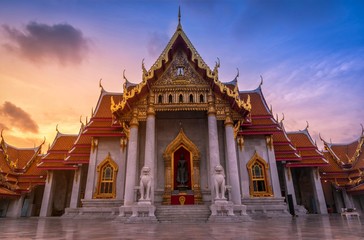 The Marble Temple, Wat Benchamabopitr Dusitvanaram at sunrise in Bangkok, Thailand.