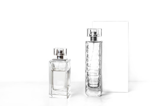 Two Perfume Bottles And White Box Mockup Isolated On White Background,