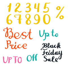 Set of elements with words, digits - Best Price, Black Friday Sale. Vector illustration.