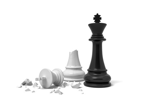 3d rendering of a black chess king standing near a white king figure broken in half.