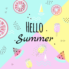 Sammer banner, poster. Punchy pastel. Trendy texture. Beautiful summer background with tropical fruits vector.