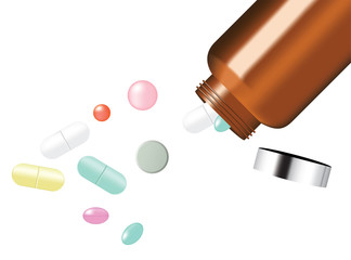 Mock up Realistic Mix Medicine Pill and Vitamin with Amber Glass Jar Background Illustration