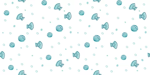 Papier Peint photo autocollant Animaux marins Modèle sans couture nautique dessiné à la main Doodle Sea avec des poissons et des coquillages sur la texture de la brosse grunge. Illustration sous-marine. Fond de fruits de mer.