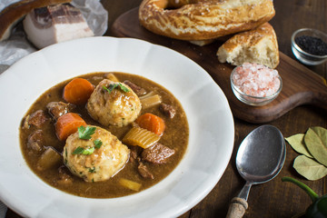 Scandinavian Venison Hunters Stew with Bacon and Onion Dumplings