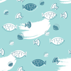 Hand drawn Doodle Sea nautical seamless pattern with fish and shells on grunge brush texture. Underwater illustration. Seafood background.