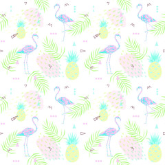 Seamless Sammer background. Punchy pastel. Trendy texture. Beautiful vector floral jungle summer background with pink flamingo, tropical fruits, palm leaves, vector.