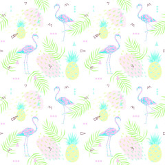 Seamless Sammer background. Punchy pastel. Trendy texture. Beautiful vector floral jungle summer background with pink flamingo, tropical fruits, palm leaves, vector.