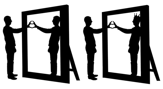 Silhouette vector of a narcissist man and a hand gesture of a heart in reflection in a mirror