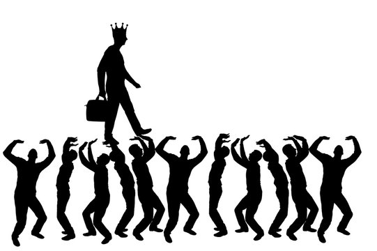 Silhouette vector of a walking selfish and narcissistic man with a crown on his head on the hands of the crowd
