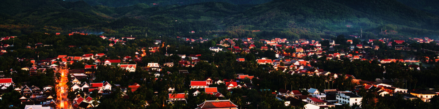 Aerial view of Luang Prabang town in Laos. Night over the small city
