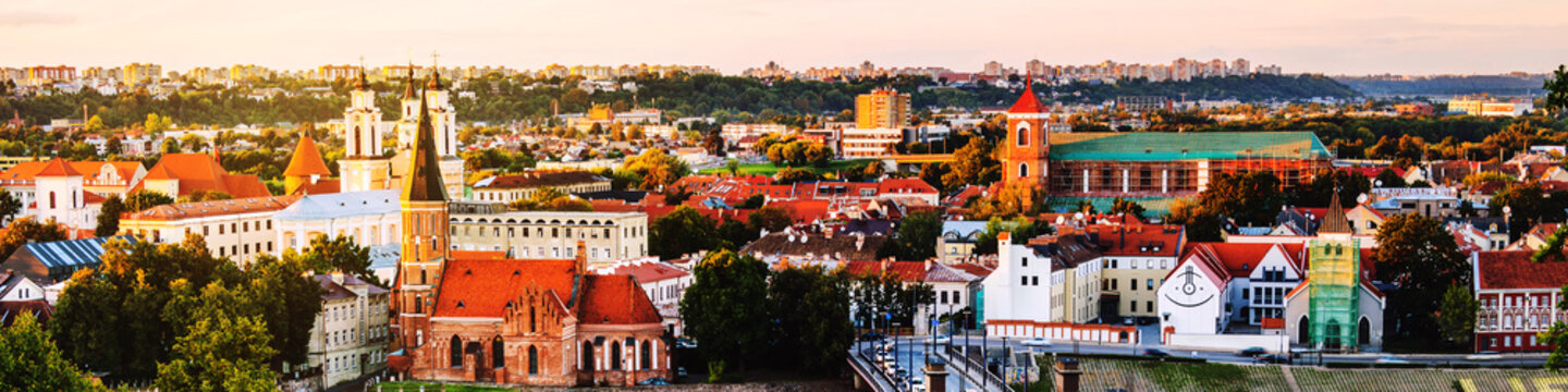Aerial view of famous city Kaunas, Lithuania at sunset. Evening view