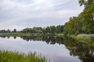 Fototapeta na wymiar September lake landscape in Liksna, village in Daugavpils Municipality in southeastern Latvia