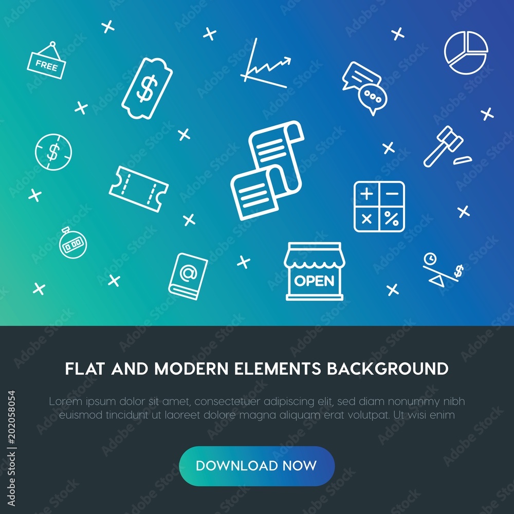 Poster business, charts, time, shopping outline vector icons and elements background concept on gradient ba