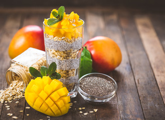 Healthy breakfast, chia seed pudding with mango and granola 