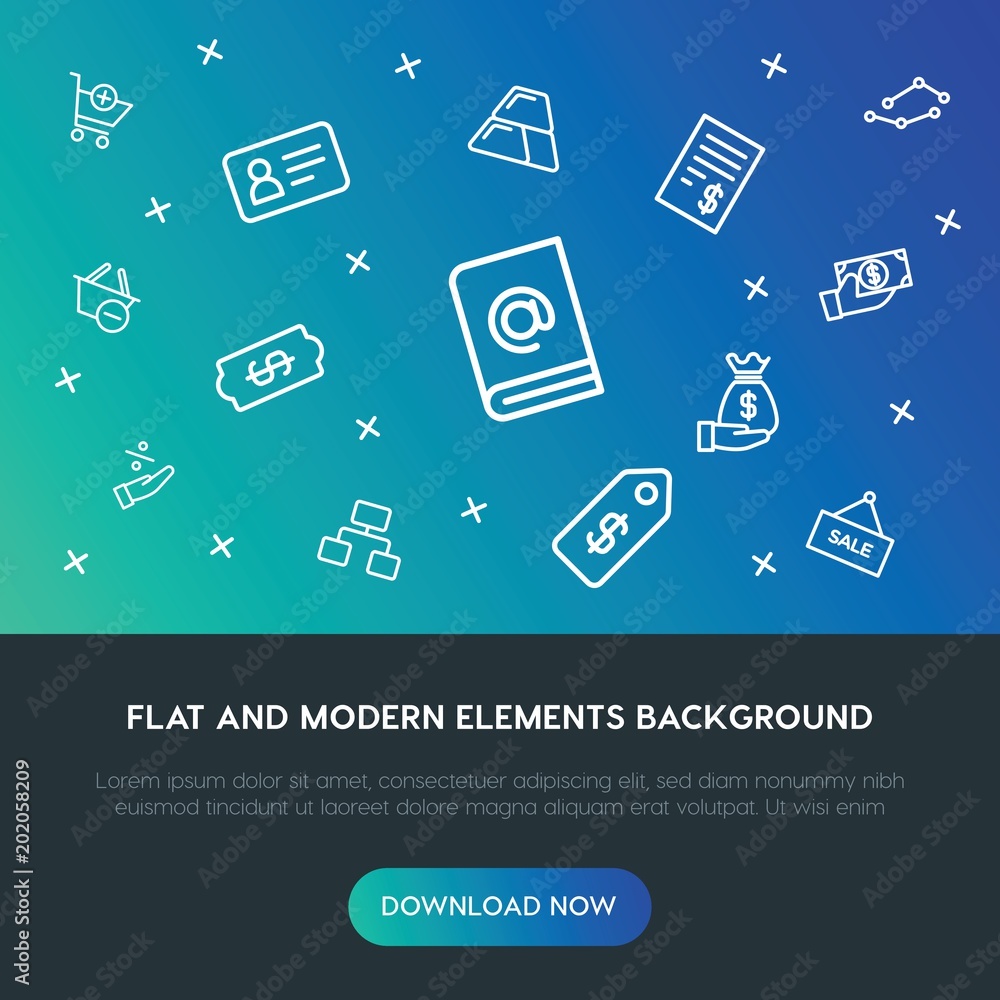 Poster business, charts, time, shopping outline vector icons and elements background concept on gradient ba