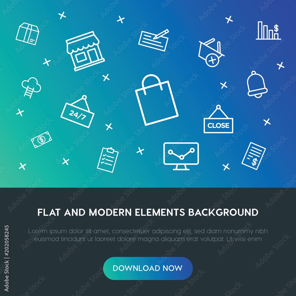 Poster business, charts, time, shopping outline vector icons and elements background concept on gradient ba