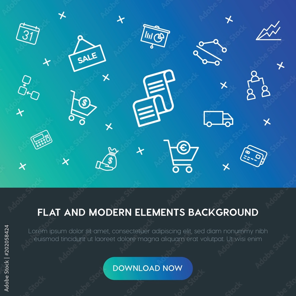 Poster business, charts, time, shopping outline vector icons and elements background concept on gradient ba