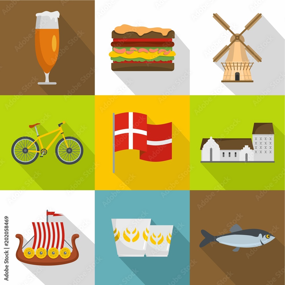Poster scandinavia icons set. flat set of 9 scandinavia vector icons for web isolated on white background
