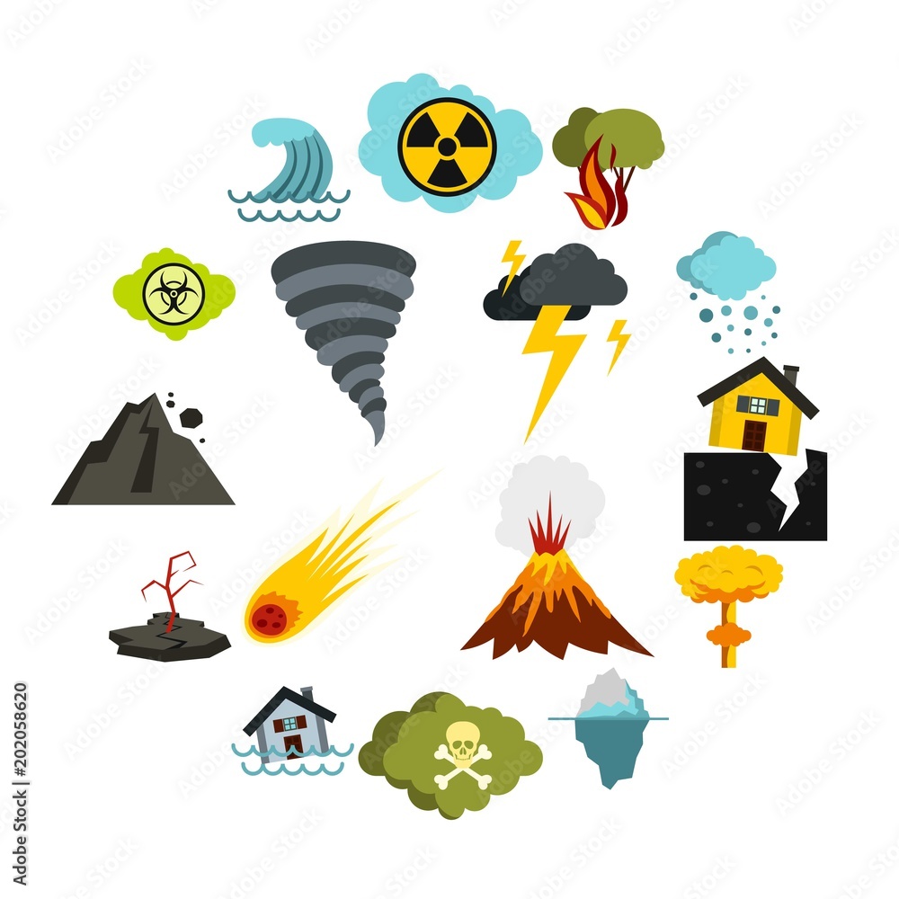 Poster flat natural disaster icons set. universal natural disaster icons to use for web and mobile ui, set 