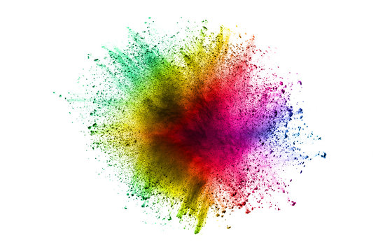 Multi color powder explosion isolated on white background. Color dust splash cloud on white background. Launched colorful particles on background.