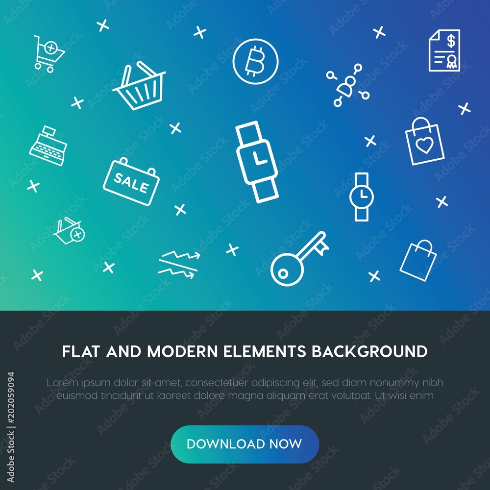 Poster business, charts, time, shopping outline vector icons and elements background concept on gradient background.Multipurpose use on websites, presentations, brochures and more